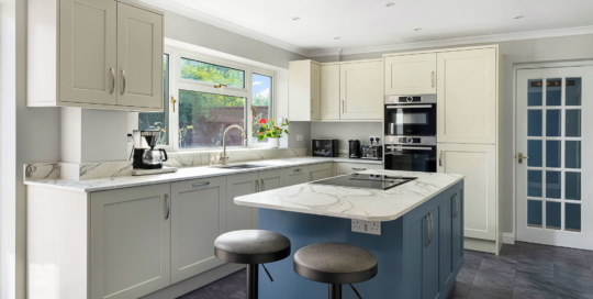 blue and white shaker kitchen